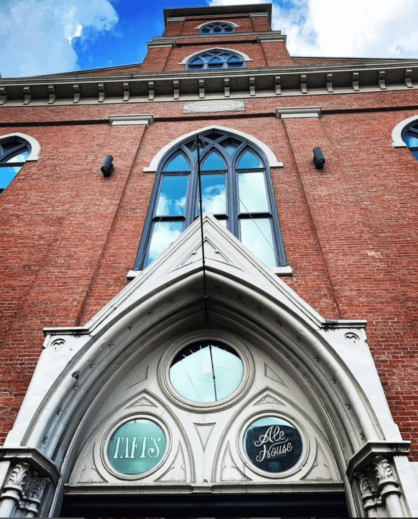 The front of Taft's Ale House inside an old church in OTR Cincinnati